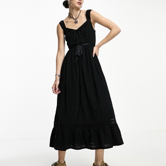 Reclaimed Vintage Dresses & Skirts - Reclaimed Vintage Prairie Cami Midi Dress Size 8 Black Goth Cottage Romantic